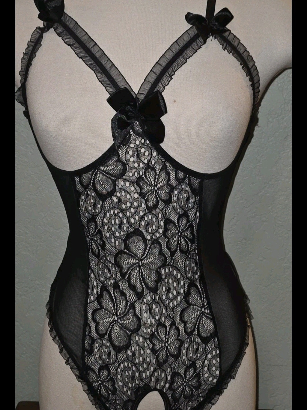 NWOT Black Lace Open Cup Crotchless Teddy Bodysuit